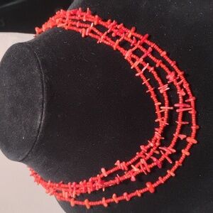 VTG Monet Red Glass Seed Bead Coral Branch 18" 4 Strand Japan Tone Necklace
